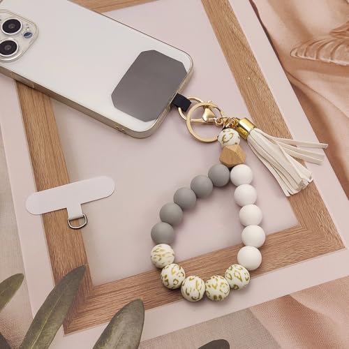 Phone Lanyard Silicone Beaded Phone Wrist Strap Cute Elastic Cell Phone Wristlet Chain Bracelet with 2 Tether Tab - color: White