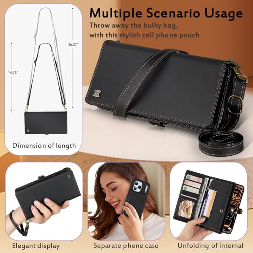 for Wallet Case Compatible with iPhone 17 Pro Max,Multi-Function Detachable 2 in 1 Magnetic iPhone 17 Pro Max Case Wallet,Flip Strap Zipper Card Holder Phone Case with Shoulder Straps (Black) - color: Black, size: iPhone 17 Pro Max