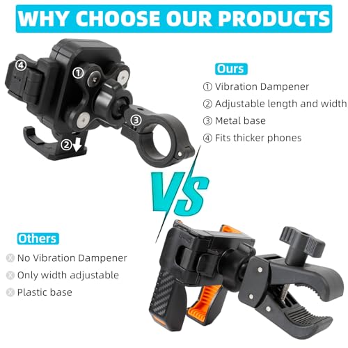 Motorcycle & Bike Phone Holder Mount with Vibration Dampener [Camera Friendly] [1-Second Lock & Release] [Aluminum Alloy Handlebar Clamp Base] for iPhone 17/16/15 Series, 4.7-7" Smartphones