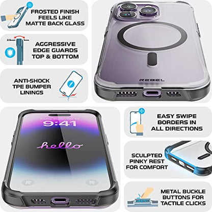REBEL Clear Case for iPhone 14 Pro [Frosted Series Gen-4] Strong MagSafe Compatible, Translucent, Matte Texture, Protective Shockproof Bumpers, Metal Buttons, 6.1 Inch Phone Cover 2023 (Frosted Black) - color: Frosted Black, size: iPhone 14 Pro