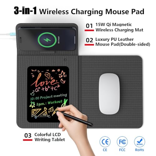 Foldable Travel Mouse Pad with 15W Qi Wireless Charger & Writing Tablet - color: Black