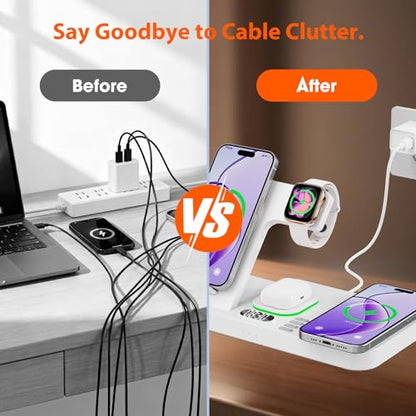 Dual Phone Magnetic Wireless Charging Station for Apple Devices/Apple Ecosystem,with Auto-Switch 7-Color Light & Clock, Compatible with iPhone 17/16/15, for iWatch 11/10/9 & AirPods Pro3（Cream