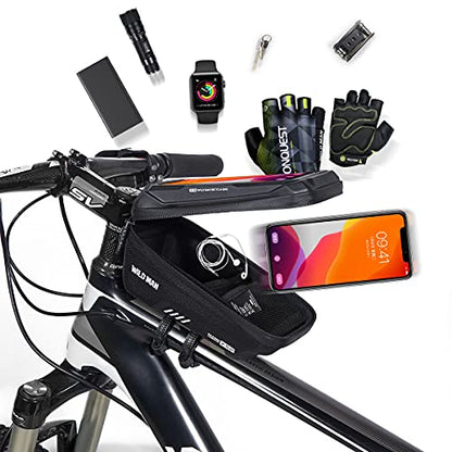 WILD MAN 1L Quick Release Waterproof Bycicle Front Frame Bike Bag Bike Phone Holder with Touch Screen Top for Mountain Road Bike MTB Cycling - color: Black
