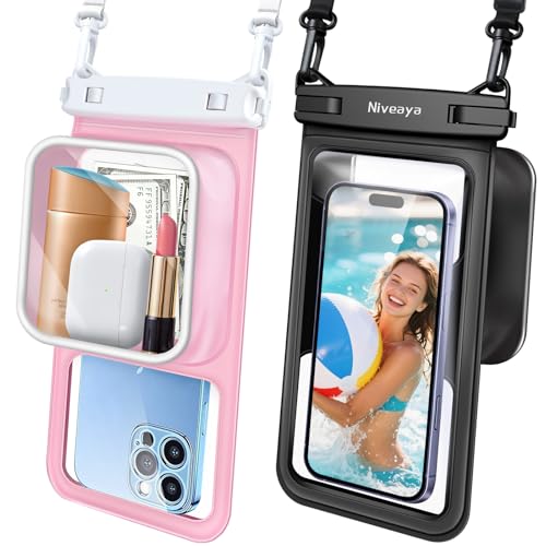Niveaya [Floatable Floating Waterproof Phone Pouch 2 Pack-Up to 8.5", Large Space Adjustable Neck Lanyard Waterproof Phone Case, Phone Dry Bags for Vacation Beach Pool Kayak Cruise Travel Essentials - color: Black + Pink
