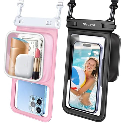 Niveaya [Floatable Floating Waterproof Phone Pouch 2 Pack-Up to 8.5", Large Space Adjustable Neck Lanyard Waterproof Phone Case, Phone Dry Bags for Vacation Beach Pool Kayak Cruise Travel Essentials - color: Black + Pink