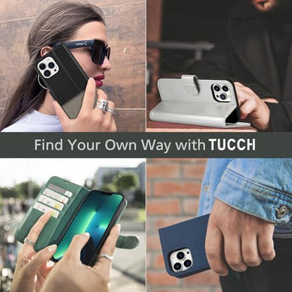 TUCCH Case Wallet for iPhone 13 Pro 6.1", RFID Blocking Folio, Blue & Brown | 3 Card Holders, Kickstand, PU Leather, Magnetic Closure, Shockproof TPU Shell, Protective Flip Cover - color: Dark Blue & Brown