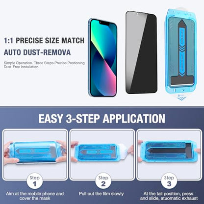 2-Pack Privacy Screen Protector for for iPhone 16e/iPhone 14/iPhone 13 Pro/iPhone 13 6.1-Inch, 9H Tempered Glass, Full Coverage, Anti-Fingerprint, Auto Dust-Elimination, No Bubble, Easy Installation - size: for iPhone 16e/iPhone 14/iPhone 13 Pro/iPhone 13