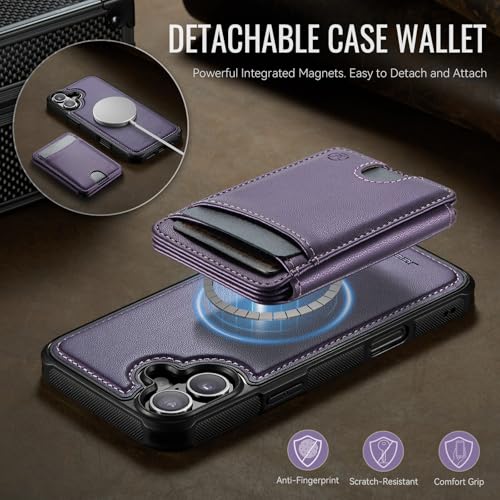 WJX for iPhone 16 MagSafe Wallet Case, 2-in-1 Detachable Luxury Card Holder, Universal MagSafe Compatible, RFID Blocking, Shockproof Kickstand Slim Cover， Grape Purple - color: Grape purple, size: iPone 16
