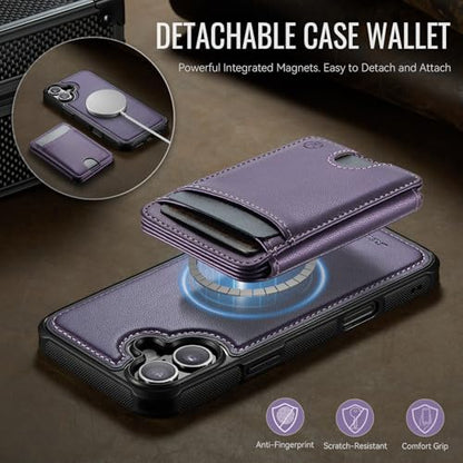 WJX for iPhone 16 MagSafe Wallet Case, 2-in-1 Detachable Luxury Card Holder, Universal MagSafe Compatible, RFID Blocking, Shockproof Kickstand Slim Cover， Grape Purple - color: Grape purple, size: iPone 16