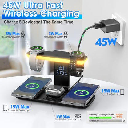 2026 YiJYi Dual Magnetic Wireless Charger for Samsung, 7 in 1 for Samsung Charging Station,45W Dual Phone with Two Light Styles Light & Clock,for Samsung S26,for Galaxy Buds for Samsung Galaxy Watch