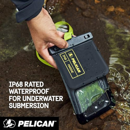 Pelican Marine Waterproof Phone Pouch w/Storage Pocket -Black/Hi-Vis Yellow | Large Touchscreen IP68 Floating Waterproof Phone Case w/Detachable Lanyard - Fits All Phones - Beach Cruise Travel Essentials - color: Black/Neon - 1 Pack - Large w/ Storage Poc