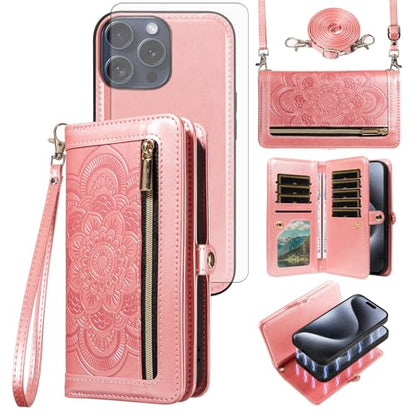 Asuwish Phone Case for iPhone 15 Pro 6.1 inch Zipper Wallet Magnetic Detachable Cell Cover with Tempered Glass Screen Protector Crossbody Strap Flower Card Holder i Phone15 i15 15Pro Women Rose Gold - color: Rose Gold