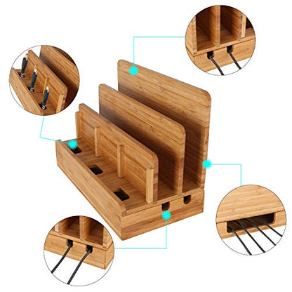 Bamboo Wood Multi-Device Desktop Charging Dock Station Charger Holder Cradle Stand Compatible for iPhone 16 15 14 13 12 11 Pro Max iPad mini Pro Air Laptop Tablets Samsung LG Sony Smartphones - color: Large