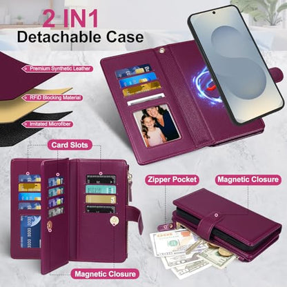 Magnetic Case for Galaxy S25 / S24 Wallet Compatible with Magsafe RFID Blocking Card Holder Detachable Phone Cover Kickstand Snap Strap Zipper Pocket PU Leather (Burgundy) - color: Burgundy, size: Galaxy S25 / S24