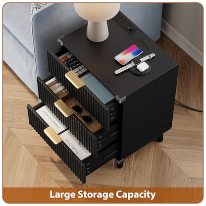 Wood Nightstands Set of 2 w/Charging Station, 3 Drawers Fluted Dresser - color: Black, size: 3 Drawers-Set of 2 Nightstand