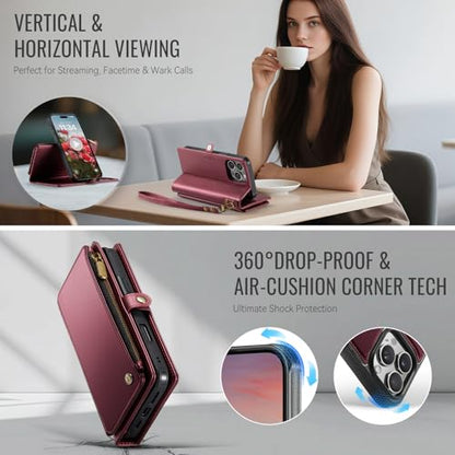 Defencase for iPhone 16 Pro Max Case Wallet Compatible with Magsafe, W-Red | Drop-Proof Magnetic Detachable Phone Cases Cover, with RFID Bolcking Card Holder, Zipper Strap, PU Leather, Removable Wallet - color: (Detachable with Magsafe)-Wine Red
