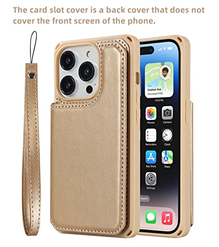 iCoverCase Compatible with iPhone 14 Pro Wallet Phone Case with Card Holder for Women, RFID Blocking Embossed PU Leather Wrist Strap Case 6.1 Inch (Macaron Gold) - color: P-Gold