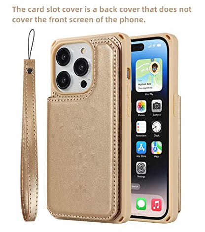 iCoverCase Compatible with iPhone 14 Pro Wallet Phone Case with Card Holder for Women, RFID Blocking Embossed PU Leather Wrist Strap Case 6.1 Inch (Macaron Gold) - color: P-Gold