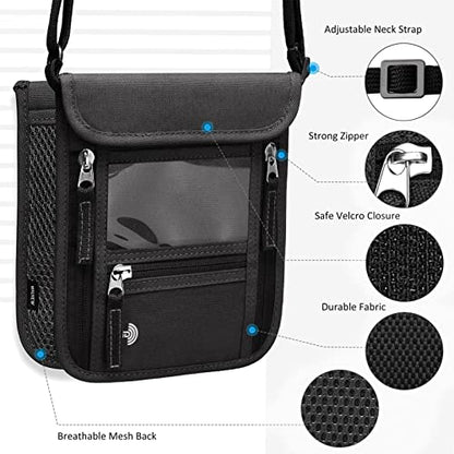 WALNEW Passport Holder Neck Pouch Travel Wallet for Women and Men, RFID Blocking Security Slim Traveling Wallet with Around Neck Lanyard Strap, Black - color: Black