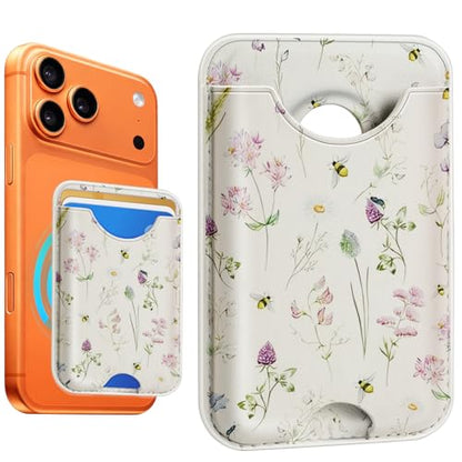 Compatible with Magsafe Wallet Magnetic Card Holder - Flowers Phone Wallets for Women Teen Girls Cute for iPhone 17/16/15/14/13/12 Series Slim for Apple Mag RFID Magnet,Fit 3 Cards - color: Flowers