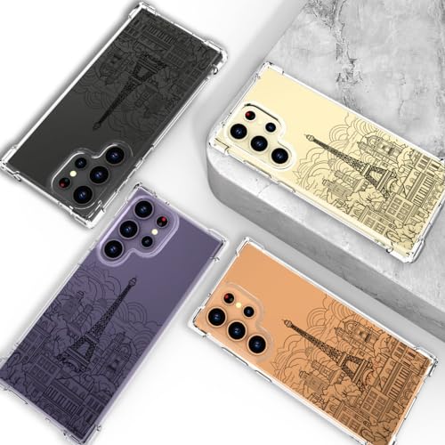 Hungo Galaxy S24 Ultra Case for Women Clear Design Cute,Girly Girls Case Compatible with Samsung Galaxy S24 Ultra Eiffel Tower Paris Cityscape Clouds Buildings Skyline City Tour - color: Cityscape