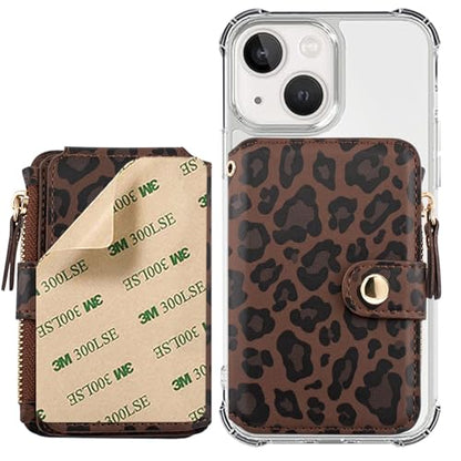 M-Plateau RFID Blocking Phone Wallet Stick on Leopard Print With Sticker | Wallet for Women Card Holder for Phone case with Snap Closure Zipper Pocket 6 Card Slots (Compatible with Most Smartphones) - color: Leopard