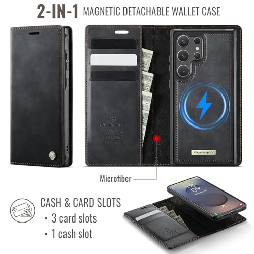 for Samsung Galaxy S26 Ultra 2in1 Detachable Wallet Case, Black | Compatible with Magsafe, Magnetic, RFID Blocking Card Holder, Shockproof, Kickstand, Wireless Charging, PU Leather Flip Cover - color: (Detachable 2 in 1)-Black, size: Galaxy S26 Ultra