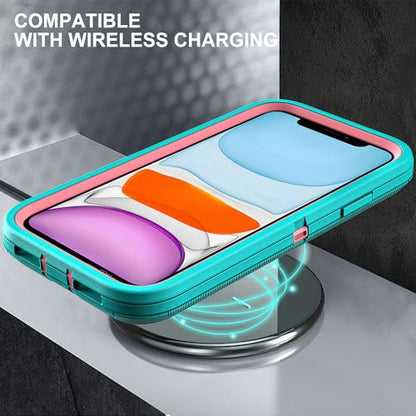 YKHJKLEC for iPhone 11 Case, Military Grade 3 in 1 Heavy Duty Shockproof/Drop Proof/Dust Proof Case with 2Pcs Tempered Glass Screen Protector (Aqua Blue/Pink) - color: Aqua Blue/Pink