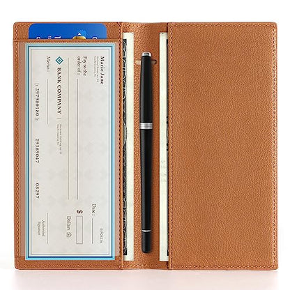 CoBak Checkbook Cover for Women & Men - PU Leather Case with RFID Blocking | Classic Design Check Book Holder for Personal and Business - color: Brown