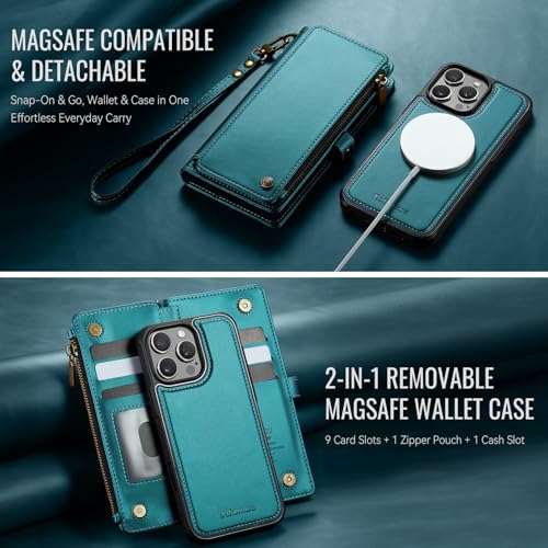 Defencase for iPhone 16 Pro Max Case Wallet Compatible with Magsafe, Green | Drop-Proof Magnetic Detachable Phone Cases Cover, with RFID Bolcking Card Holder, Zipper Strap, PU Leather, Removable Wallet - color: (Detachable with Magsafe)-Blue Green