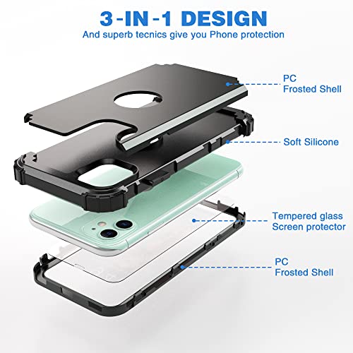 IDweel for iPhone 11 Case with Tempered Glass Screen Protector,Hybrid 3 in 1 Shockproof Slim Heavy Duty Protection Hard PC Cover Soft Silicone Bumper Full Body Case, Black - color: Black
