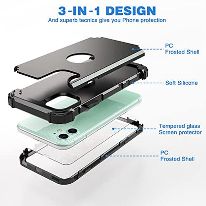 IDweel for iPhone 11 Case with Tempered Glass Screen Protector,Hybrid 3 in 1 Shockproof Slim Heavy Duty Protection Hard PC Cover Soft Silicone Bumper Full Body Case, Black - color: Black