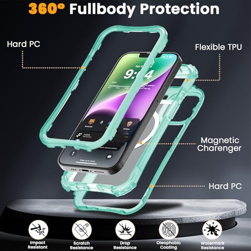 WRJ Magnetic Matte for iPhone 13 Case,iPhone 14 Case,[Compatible with MagSafe][Military Grade Drop Protection] Translucent Anti-Fingerprint Full Body Shockproof Phone Case-Mint Green - color: Mint Green, style: Matte