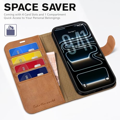 TUCCH Case Wallet for iPhone 17 Pro 6.3", RFID Blocking Folio, Light Brown | 4 Card Holders, Kickstand, PU Leather, Magnetic Closure, Shockproof TPU Shell, Protective Flip Cover - color: Textured Light Brown
