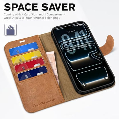 TUCCH Case Wallet for iPhone 17 Pro 6.3", RFID Blocking Folio, Light Brown | 4 Card Holders, Kickstand, PU Leather, Magnetic Closure, Shockproof TPU Shell, Protective Flip Cover - color: Textured Light Brown