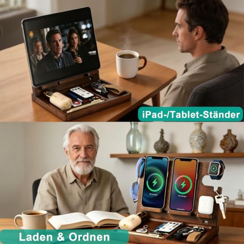 Wood Phone Docking Station with 4 Wireless Charger Nightstand Organizer - color: Walnut color