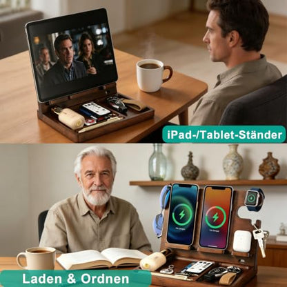 Wood Phone Docking Station with 4 Wireless Charger Nightstand Organizer - color: Walnut color