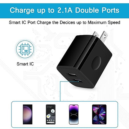 Wall Charger Block,2.1A/5V Dual Port USB Wall Plug Power USB Adapter Plug - color: Black