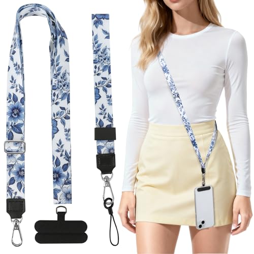 Phone Lanyard Crossbody & Neck, Adjustable Cell Phone Wrist Strap - color: Blue and White