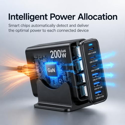200W GaN Charging Station, 6-Port USB-C Desktop Charger - color: Black-200