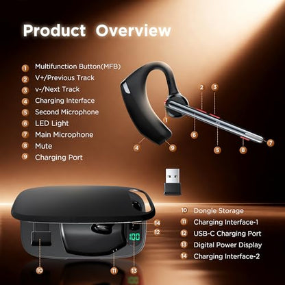 Bluetooth Headset V5.3, Wireless Headset with Dual Noise-Canceling Mics, Portable Charging Case, 300H Standby Time, Hands Free Headphones for PC/Cell Phones, Trucker/Office/Work