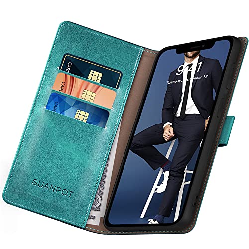 SUANPOT for iPhone 13 6.1 inch 5G with RFID Blocking Wallet case Credit Card Holder,Flip Book PU Leather Phone case Shockproof Cover Cellphone Women Men for Apple 13 case Wallet Blue Green - color: Blue Green