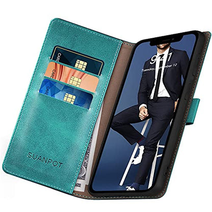 SUANPOT for iPhone 13 6.1 inch 5G with RFID Blocking Wallet case Credit Card Holder,Flip Book PU Leather Phone case Shockproof Cover Cellphone Women Men for Apple 13 case Wallet Blue Green - color: Blue Green