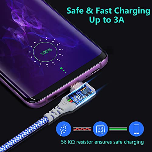 Eversame Right Angle USB C Cable(4-Pack 10ft), Nylon Braided USB A to USB C Charger Fast Charging Cord Compatible with Samsung Galaxy S24 S23 S8 S9 S10 Plus S20, Note 20 10 9 8, LG V50 V40, iPhone 15 - color: Blue White Purple Pink