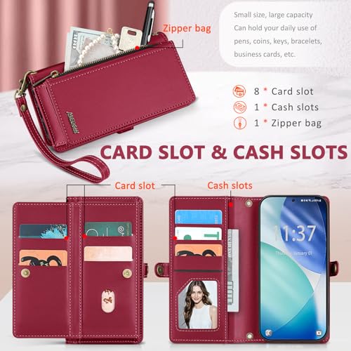 for Samsumg Galaxy S26 Wallet Case, Detachable Magnetic Phone Case,Faux Leather Strap Wallet,with RFID Blocking,Zipper Card Holder,Shoulder Straps (Red) - color: Red, size: Samsumg Galaxy S26