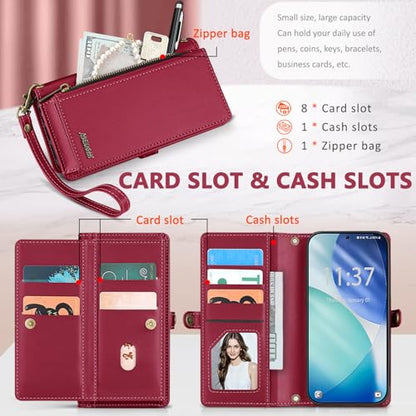 for Samsumg Galaxy S26 Wallet Case, Detachable Magnetic Phone Case,Faux Leather Strap Wallet,with RFID Blocking,Zipper Card Holder,Shoulder Straps (Red) - color: Red, size: Samsumg Galaxy S26