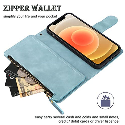 RANYOK Wallet Case Compatible with iPhone 13/14 (6.1 inch), Premium PU Leather Zipper Flip Folio Wallet RFID Blocking with Wrist Strap Magnetic Closure Built-in Kickstand Protective Case (Baby Blue) - color: Baby Blue