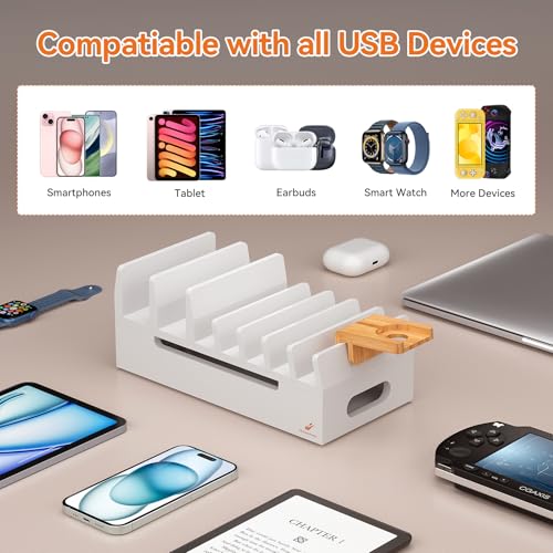 Bamboo Charging Station with 5 Port Charger HUB & 5 Cables-White - color: White