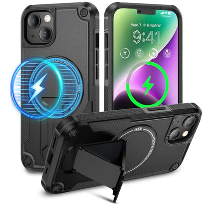Caka for iPhone 13 Case & iPhone 14 Case with Stand Black | Compatible with MagSafe, Built-in Hidden Kickstand, Solid Protective Dual-layer TPU+PC Shockproof Magnetic Phone Cover - color: Black