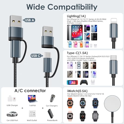 Airplane Travel Essentials Multi Charging Cable for Apple Watch Charger - color: Black, size: 1Pack-4FT